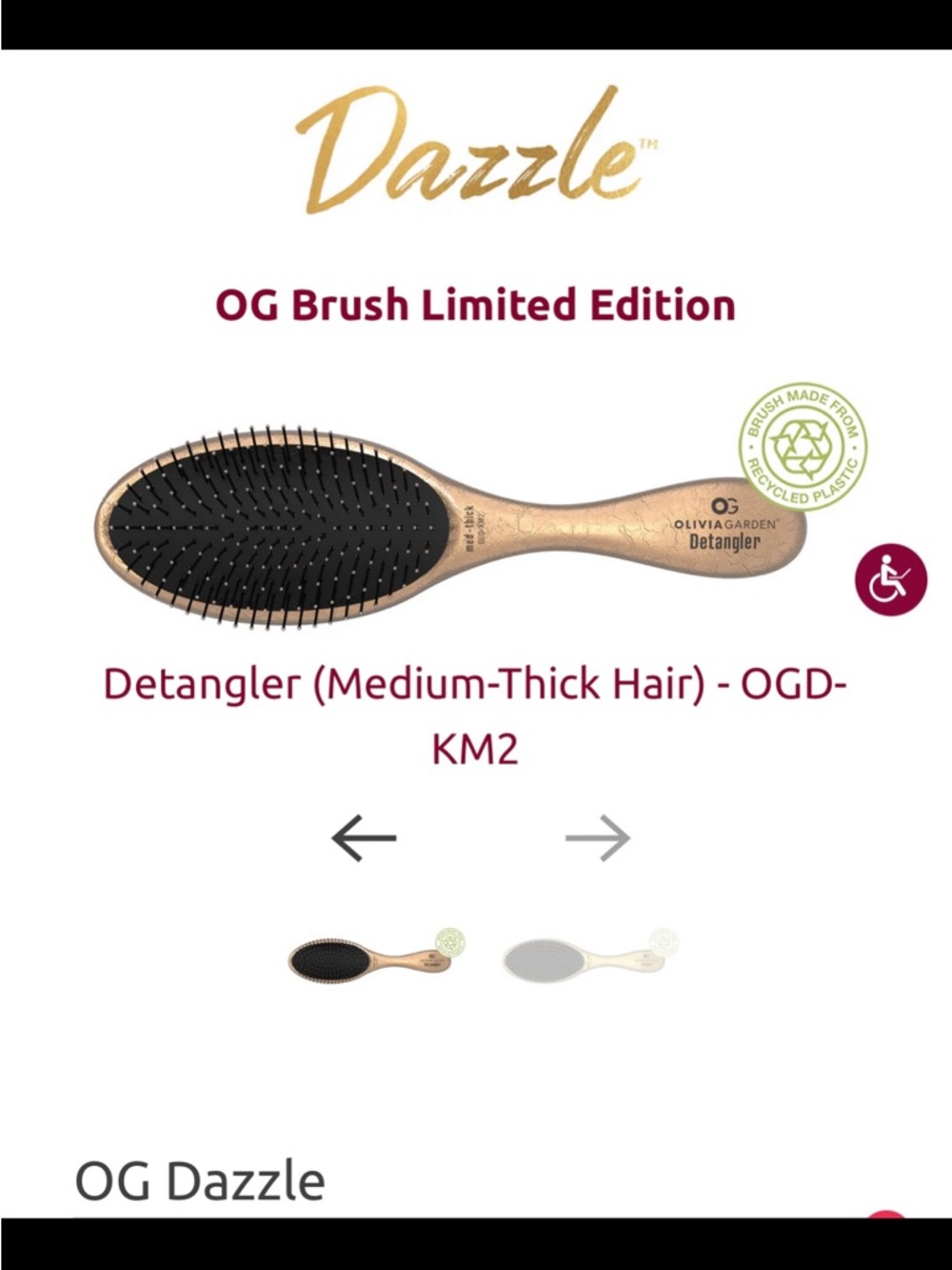 Dazzle Olivia Garden Brush Limited Edition Detangler - Gold New